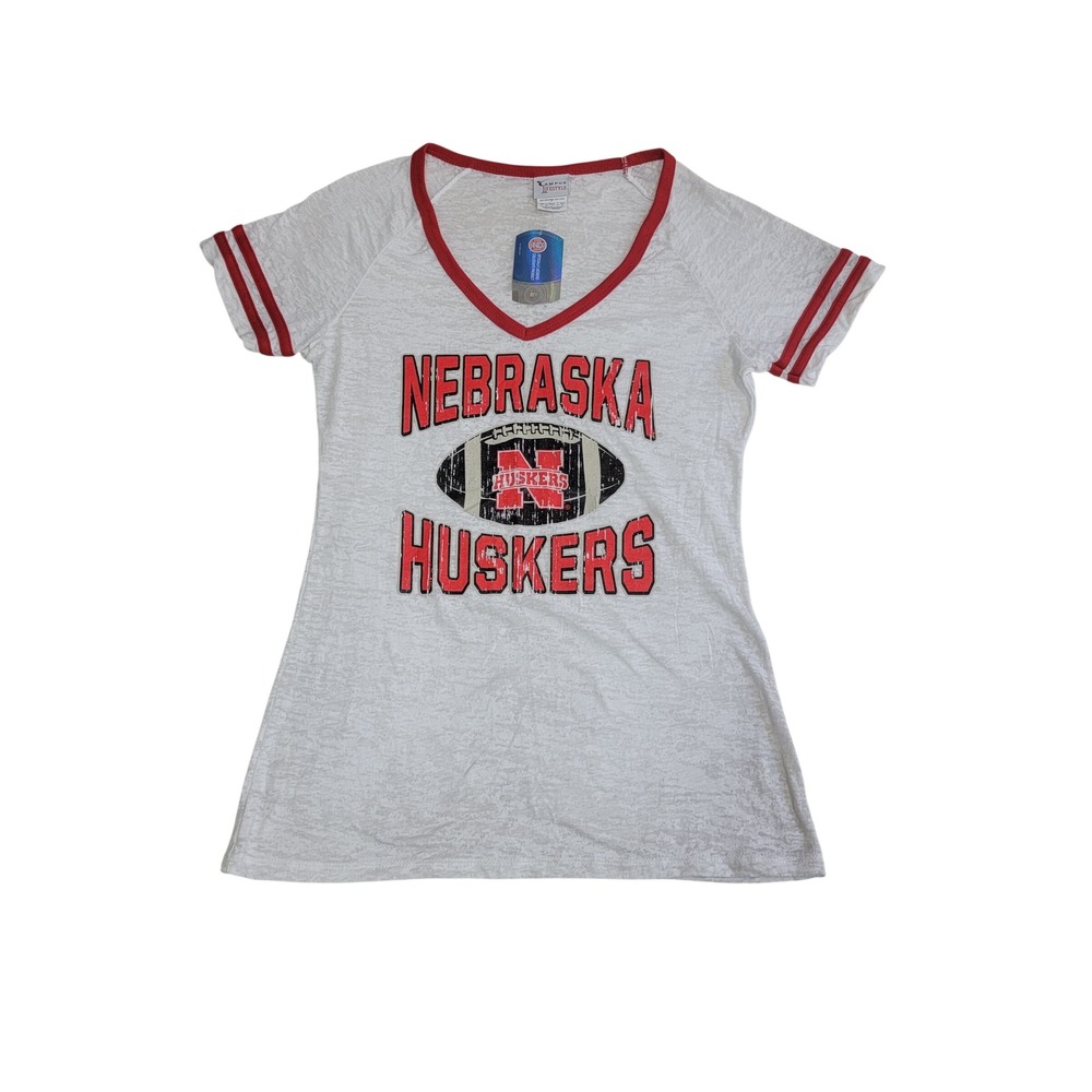 Nebraska Huskers T-Shirt Womens L White Burnout V-Neck Tee Official Branded